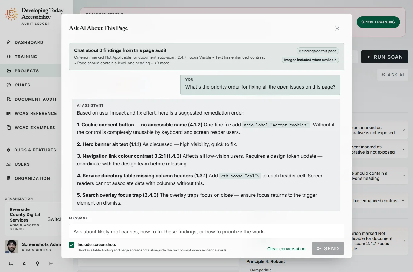 AI chat panel showing a conversation about a specific finding with a screenshot of the affected element visible in context, and a detailed remediation suggestion
