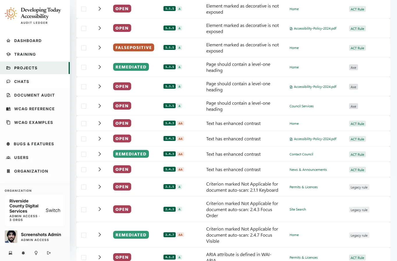 Findings list view with active filters, showing grouped findings with WCAG criterion labels, severity badges, status indicators, and page counts