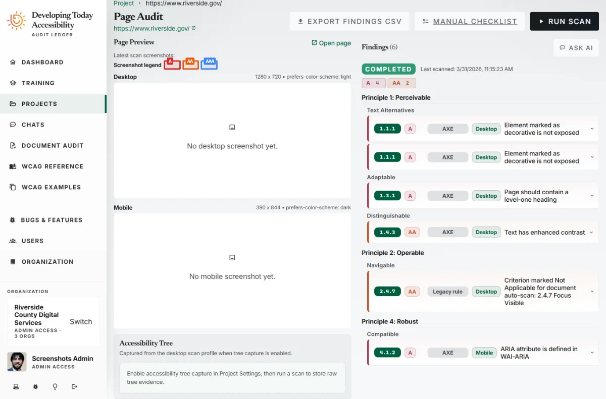 Finding detail view showing violation description, WCAG criterion reference, desktop and mobile screenshot evidence, severity rating, and remediation status controls