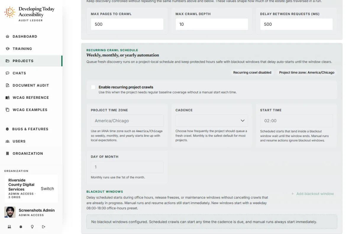 Project settings panel showing weekly, monthly, and yearly crawl scheduling, blackout windows, crawl depth and page limit settings, multi-domain allowlist, and custom request headers