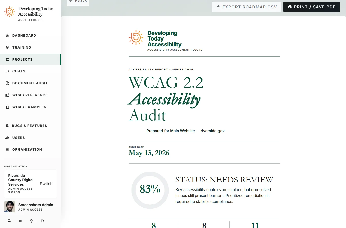 Executive report view showing compliance summary with overall score, finding breakdown by conformance level, key issues list, and remediation status overview